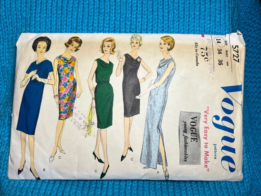 Vogue Pattern 5727 dress bodycon cowl neck 1960s sz 14 bust 34